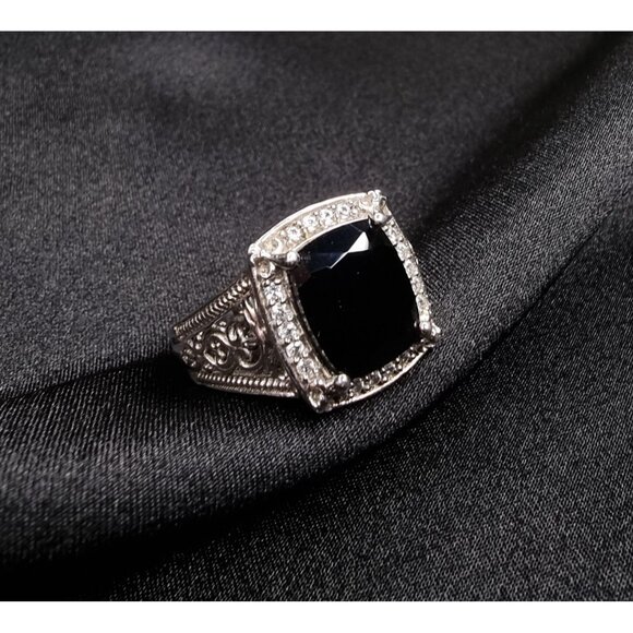 Vintage Black Onyx Sterling Silver Ring With Ornate Filigree Design - Picture 1 of 8